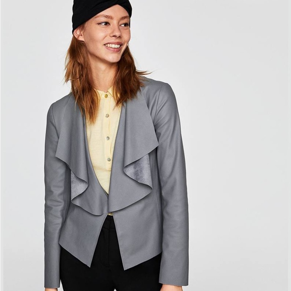 Zara Gray Faux Leather Suede Cardigan Jacket
